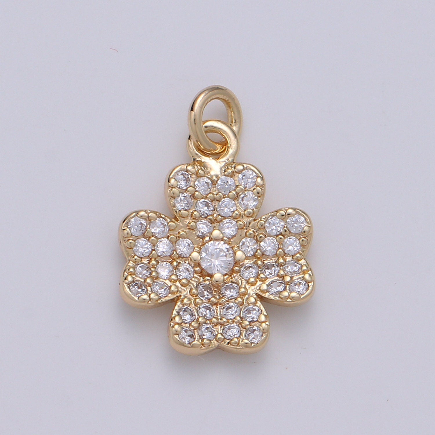 24k Gold Four Leaf Clover Charm Pendant, Gold Clover Charms, Good Lucky Charm Necklace, Micro Pave CZ Cubic Clover Charm D893