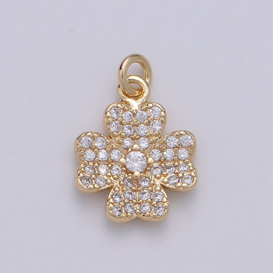 24k Gold Four Leaf Clover Charm Pendant, Gold Clover Charms, Good Lucky Charm Necklace, Micro Pave CZ Cubic Clover Charm D893
