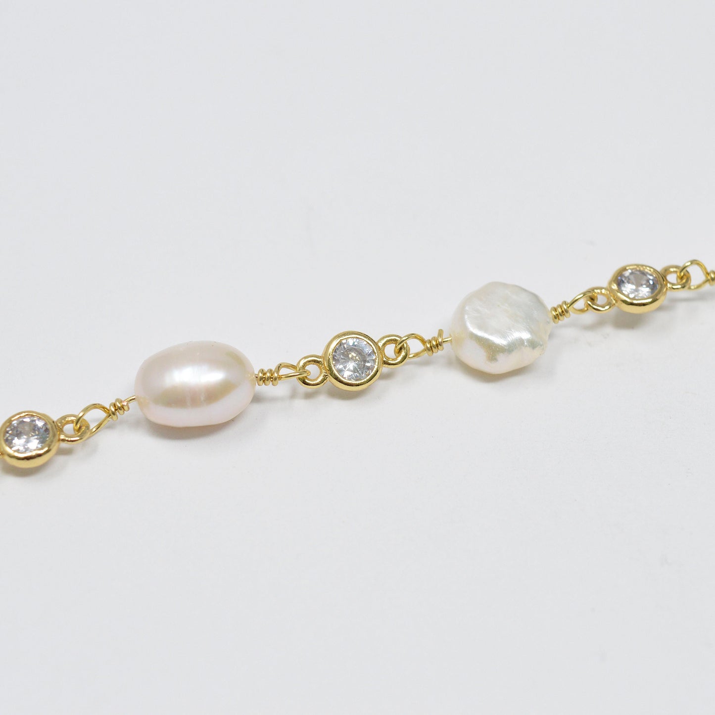 Baroque Mother Pearl Gold Plated CZ Charm Chain by Yard, Fresh Water Pearl Cubic Chain, White Fresh Water Pearl Chain | Roll-433