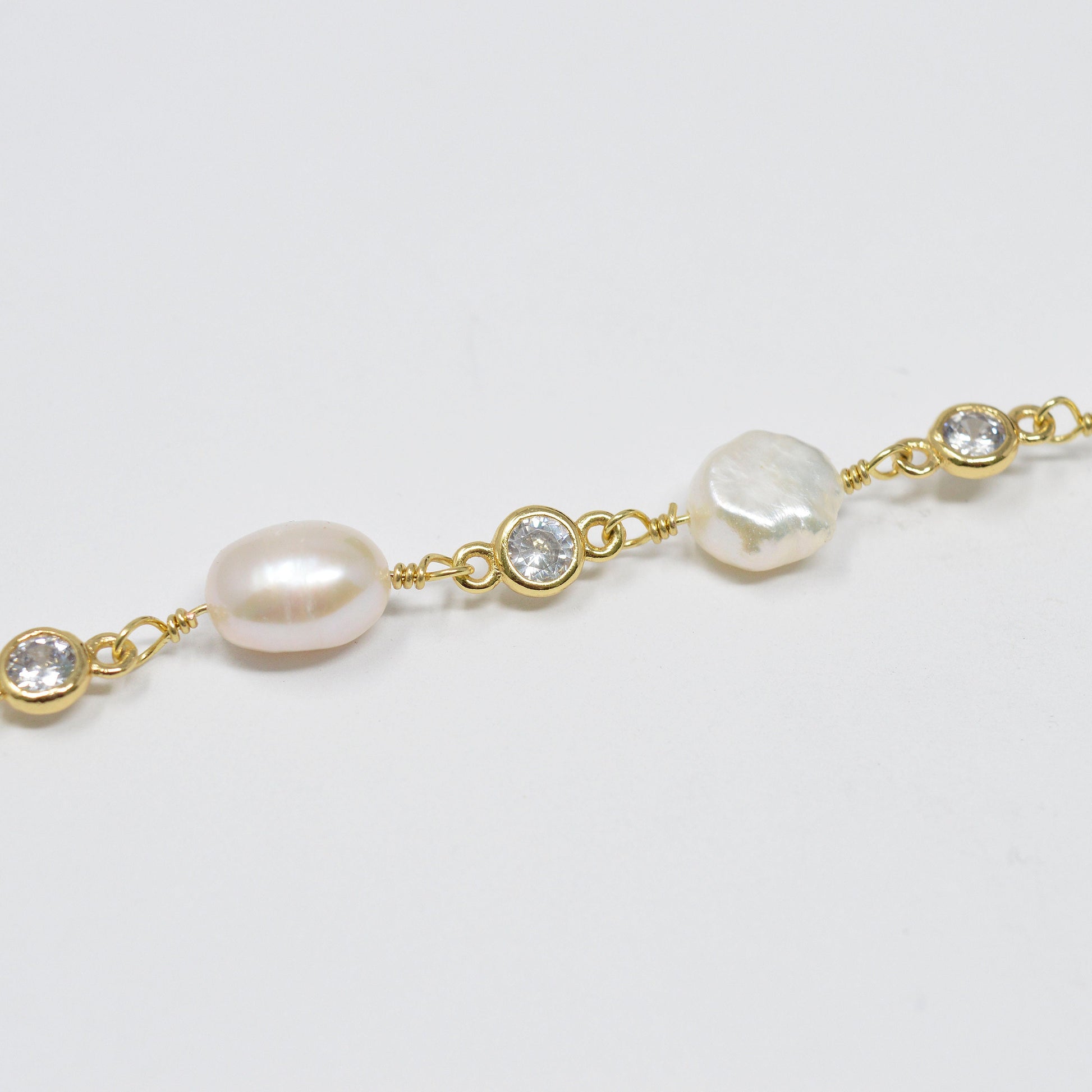 Baroque Mother Pearl Gold Plated CZ Charm Chain by Yard, Fresh Water Pearl Cubic Chain, White Fresh Water Pearl Chain | Roll-433