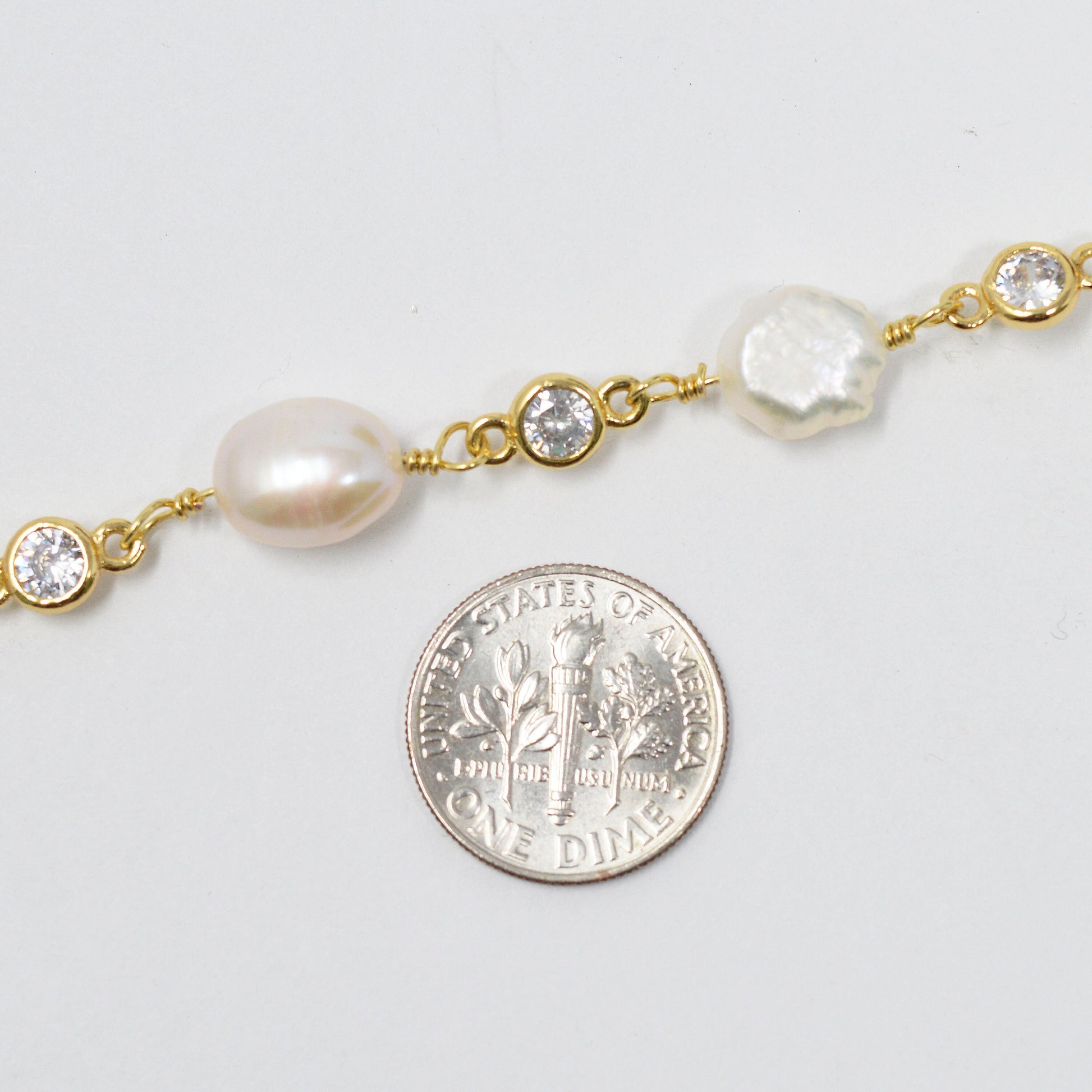 Baroque Mother Pearl Gold Plated CZ Charm Chain by Yard, Fresh Water Pearl Cubic Chain, White Fresh Water Pearl Chain | Roll-433
