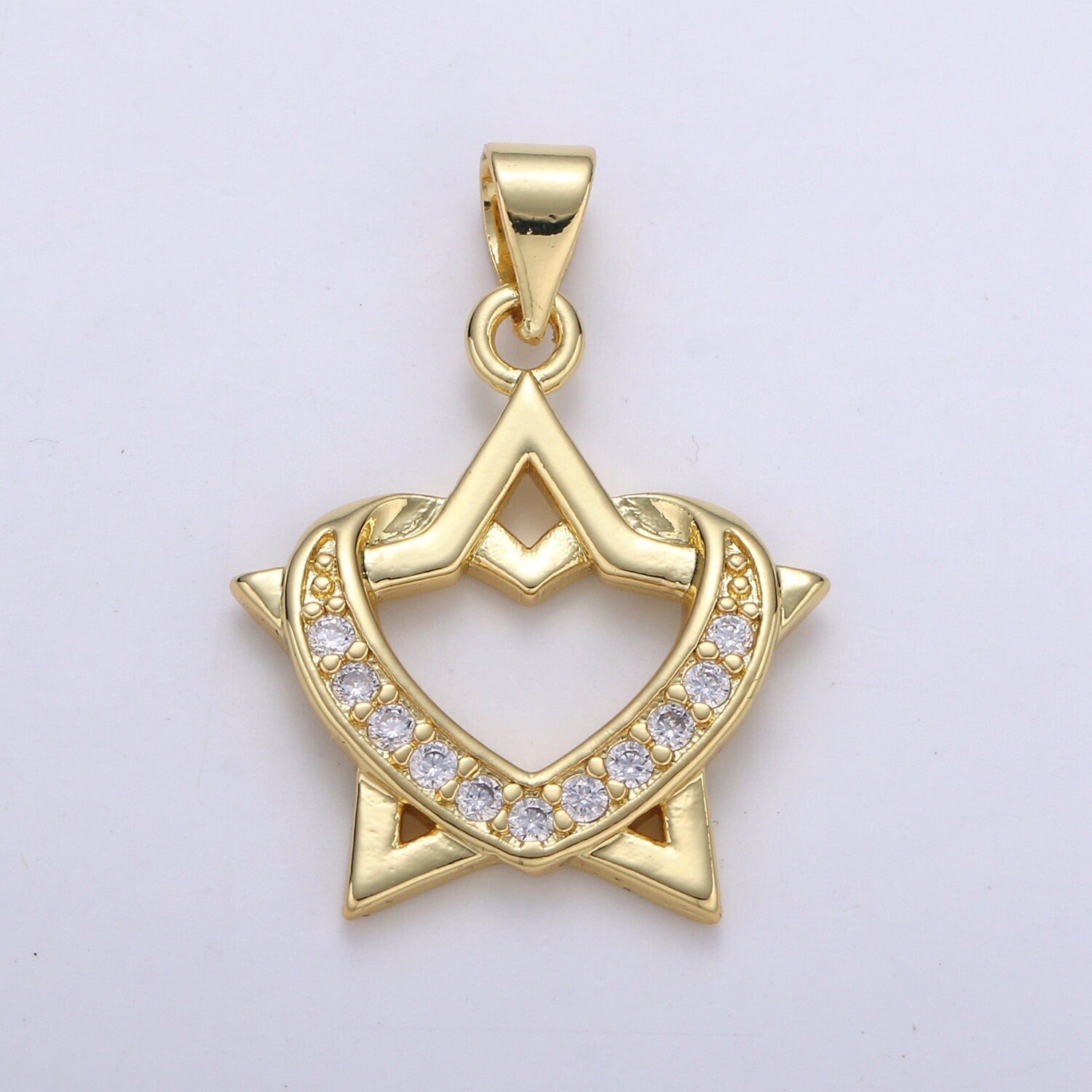24K Gold Micro Pave Heartagram Charm Cubic Zirconia Love and Hate Pendant Charm CZ Life and Death Charm, PDGF-2136