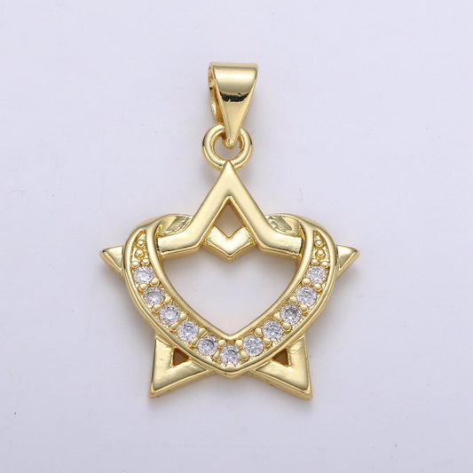 24K Gold Micro Pave Heartagram Charm Cubic Zirconia Love and Hate Pendant Charm CZ Life and Death Charm, PDGF-2136