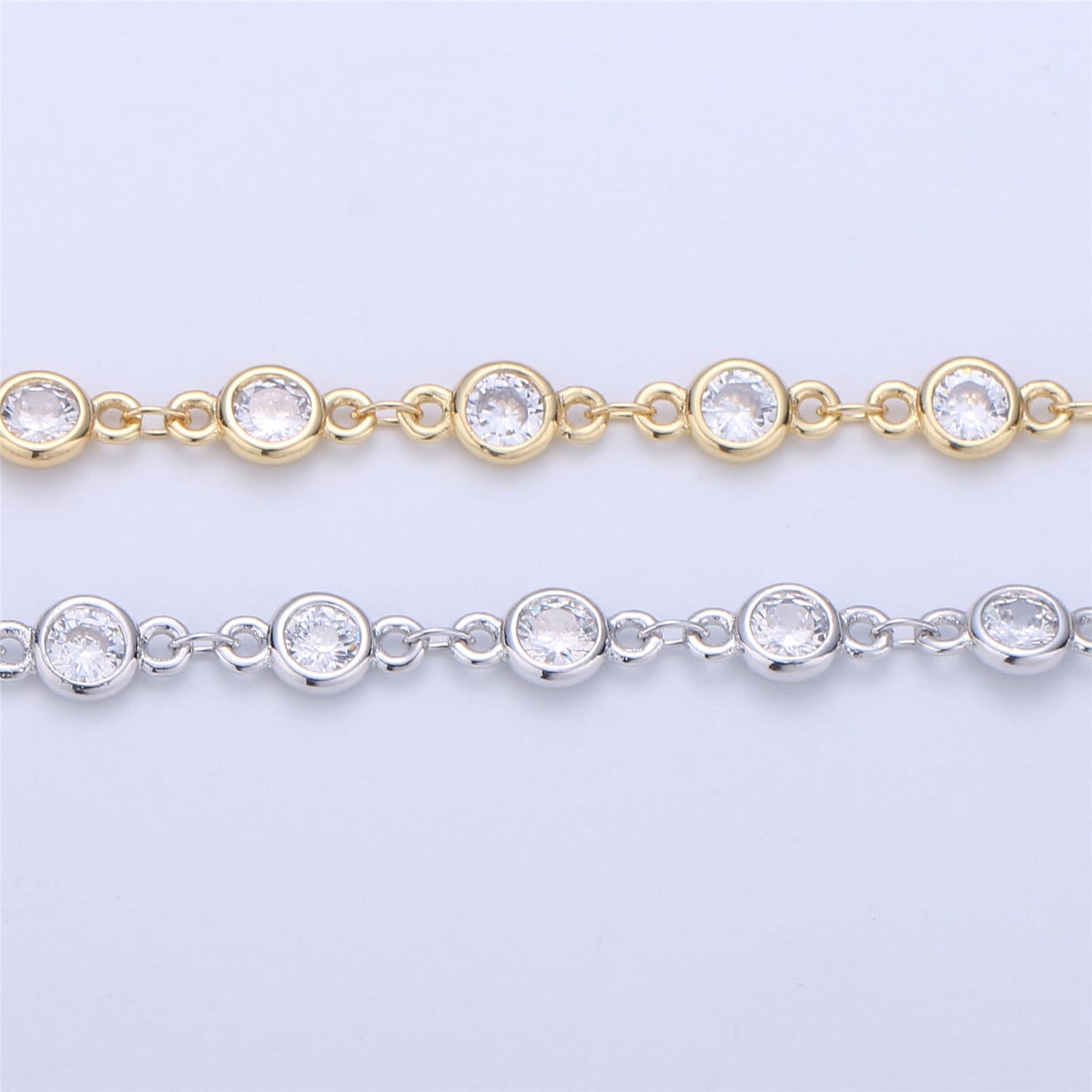White Gold Rhodium Micro Pave Charm Chain by Yard, 14K Goldfilled CZ Round Charm Specialty Link Chain, CZ Charm dia 4mm, ROLL- 41,47