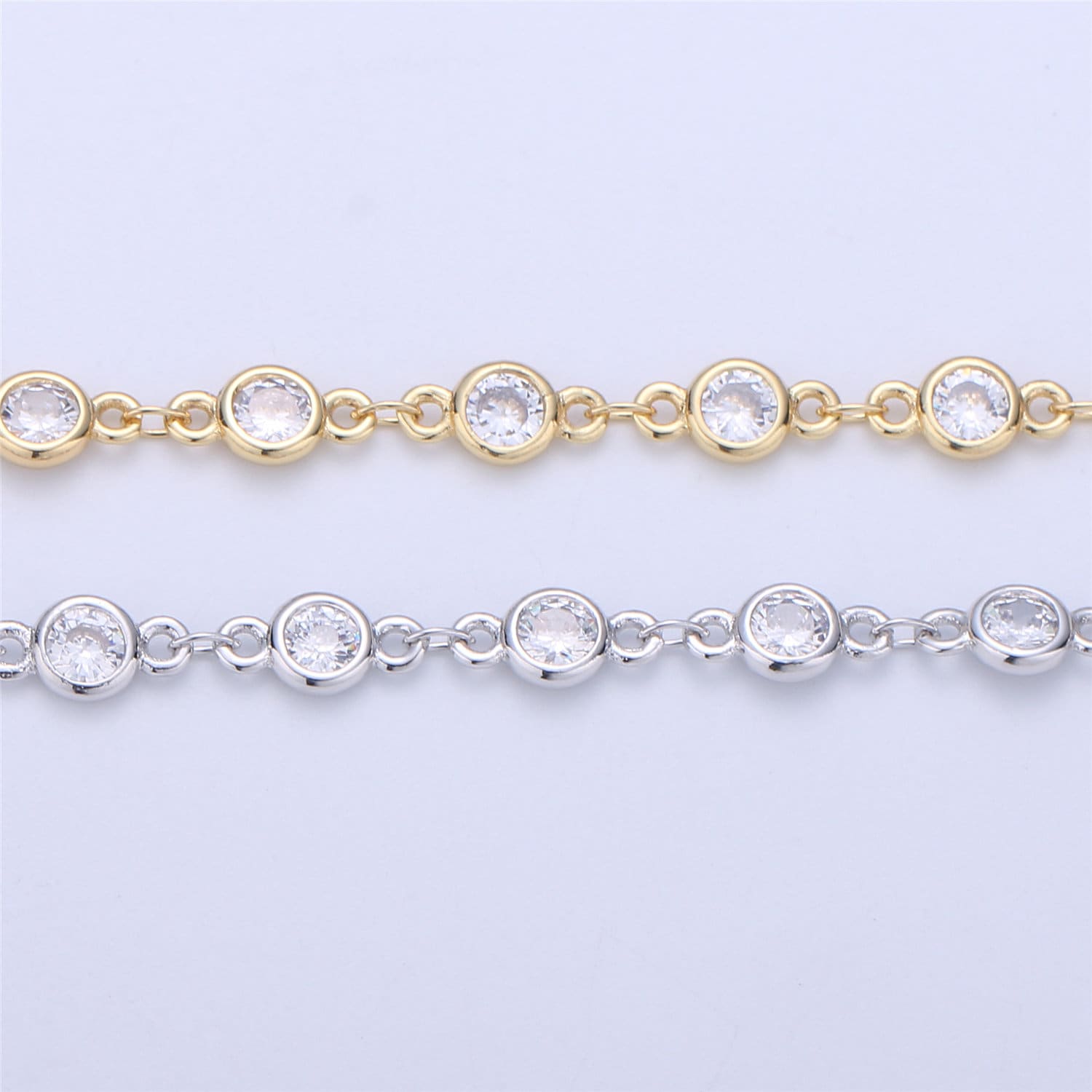 White Gold Rhodium Micro Pave Charm Chain by Yard, 14K Goldfilled CZ Round Charm Specialty Link Chain, CZ Charm dia 4mm, ROLL- 41,47