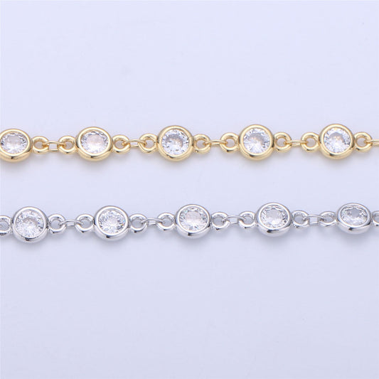 White Gold Rhodium Micro Pave Charm Chain by Yard, 14K Goldfilled CZ Round Charm Specialty Link Chain, CZ Charm dia 4mm, ROLL- 41,47