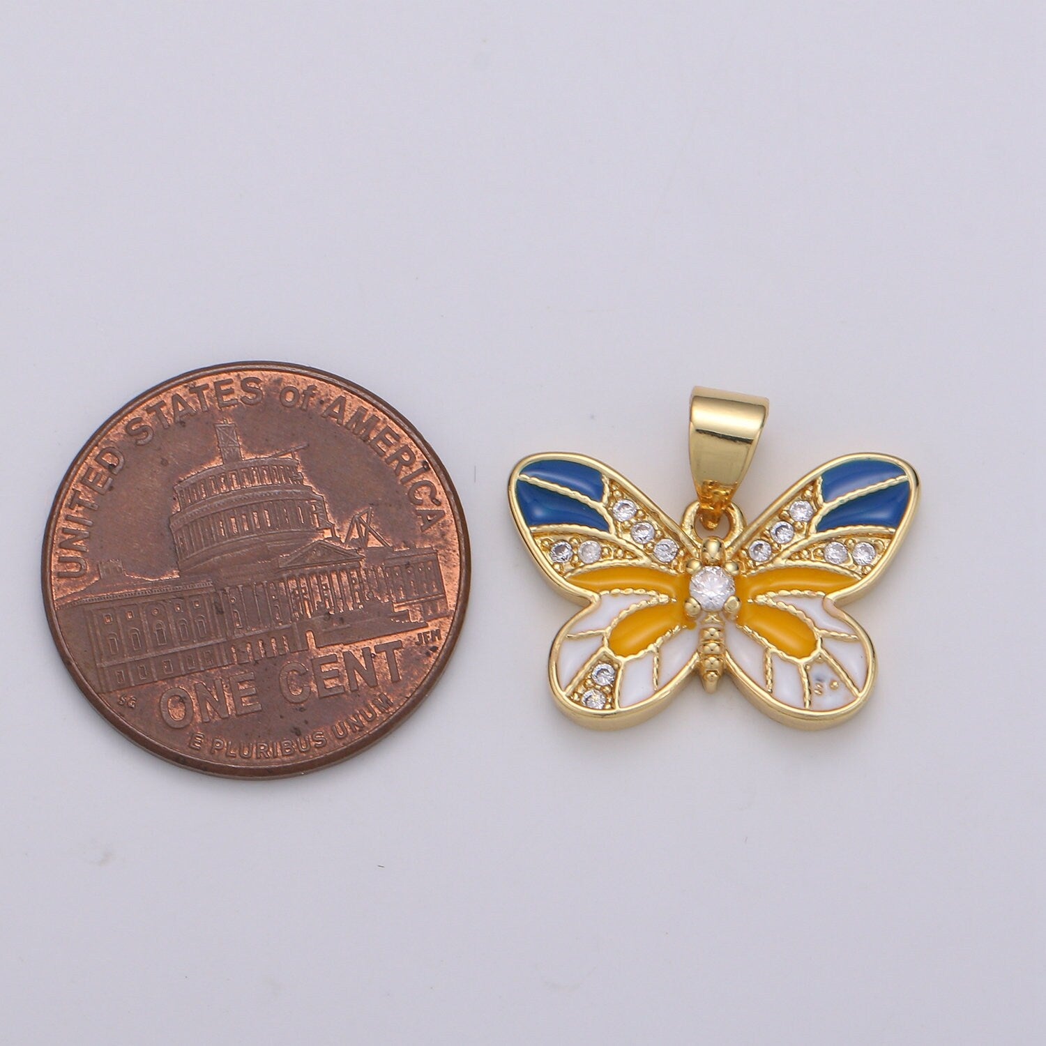 14K Gold Micro Pave Butterfly Charm Cubic Zirconia Mariposa Enamel Yellow Pendant Charm Pear Cut CZ Moth Charm, PDGF-2080