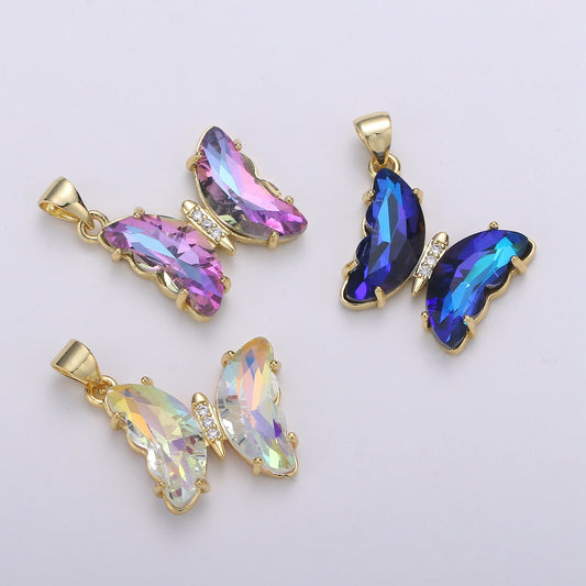 1pc Large Clear, Blue, Rainbow Wings Butterfly 24K Gold Micro Pave CZ Mariposa Pendant Charm Gold Pendant, PDGF-2104,2105,2106