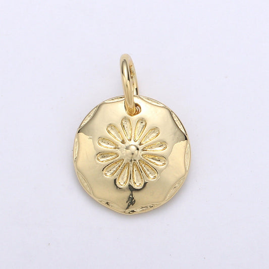 1pc Flower embossed in Round Coin 24K Gold Charm, Daisy Monogram Pendant, Dahlia Stamp Charm For DIY Jewelry, CHGF-2037