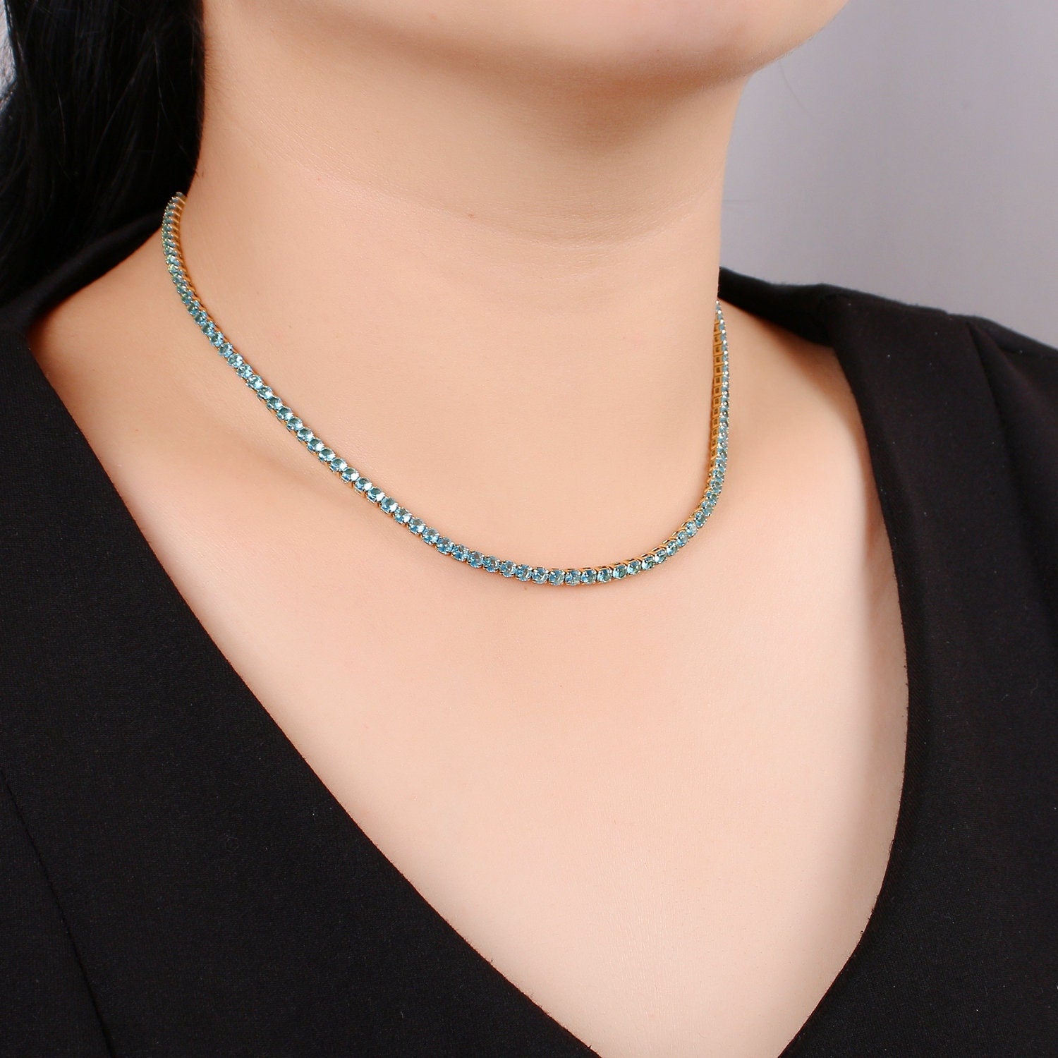 14k Gold Chain Tennis necklace choker Layered necklaces Pink Blue tennis choker Colorful necklace CZ 14.6 inch + 2 inch extender, 928