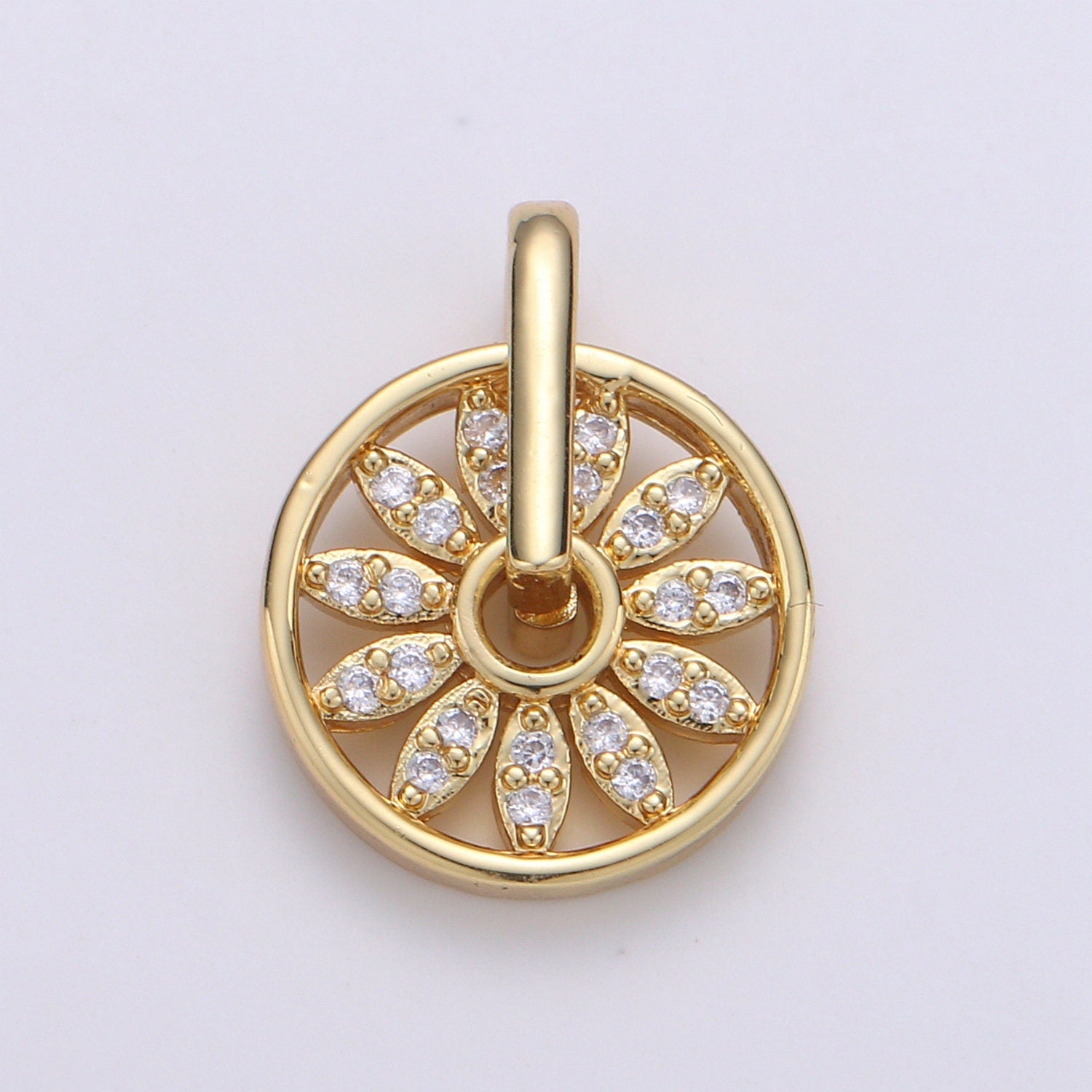 1pc 24k Gold Micro Pave CZ Wheel of Fortune Charm,Daisy Micro Pave CZ Pendant, Charm Pendant, Flower Jewelry, CHGF-1930