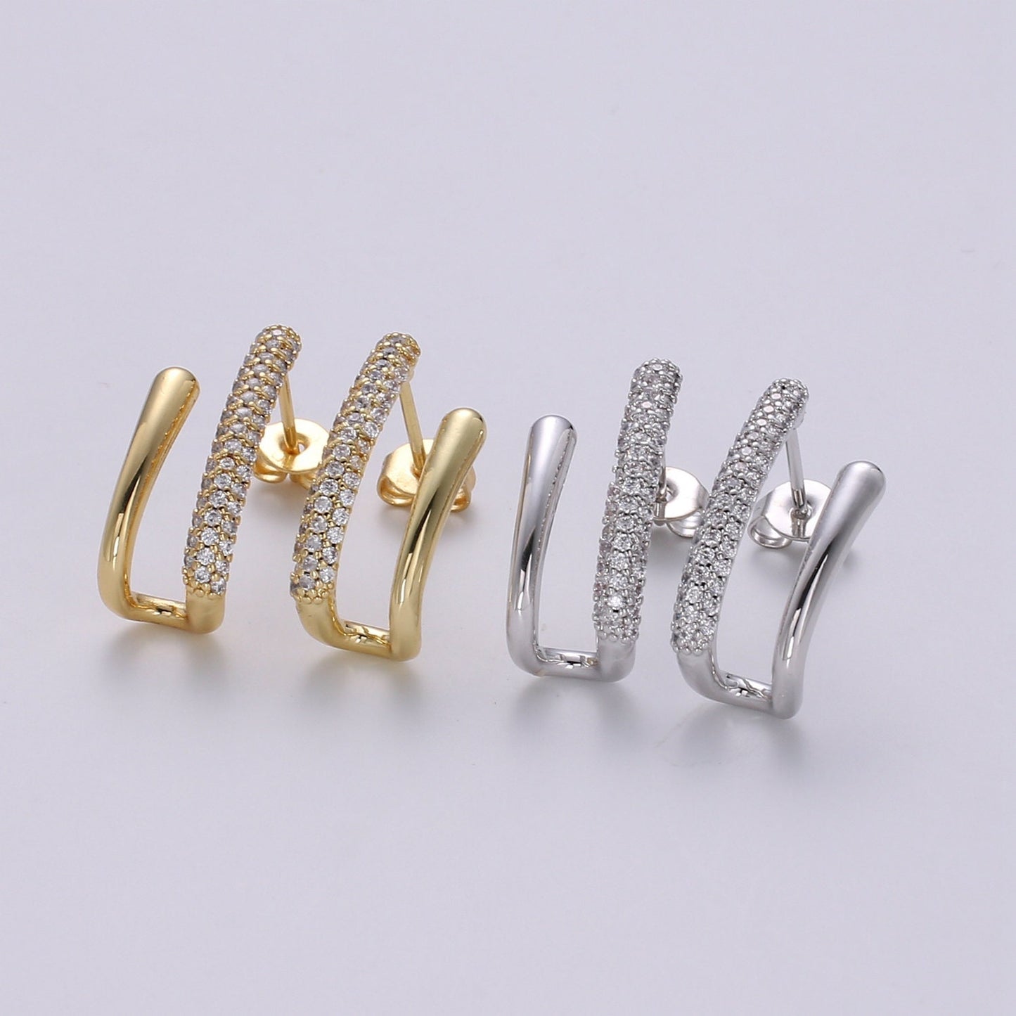 U Shape 24K Gold filled CZ Pave Stud, White Gold filled Micro Pave Earring for DIY Earring Craft Supply Jewelry Making, EARR-1367, 1368