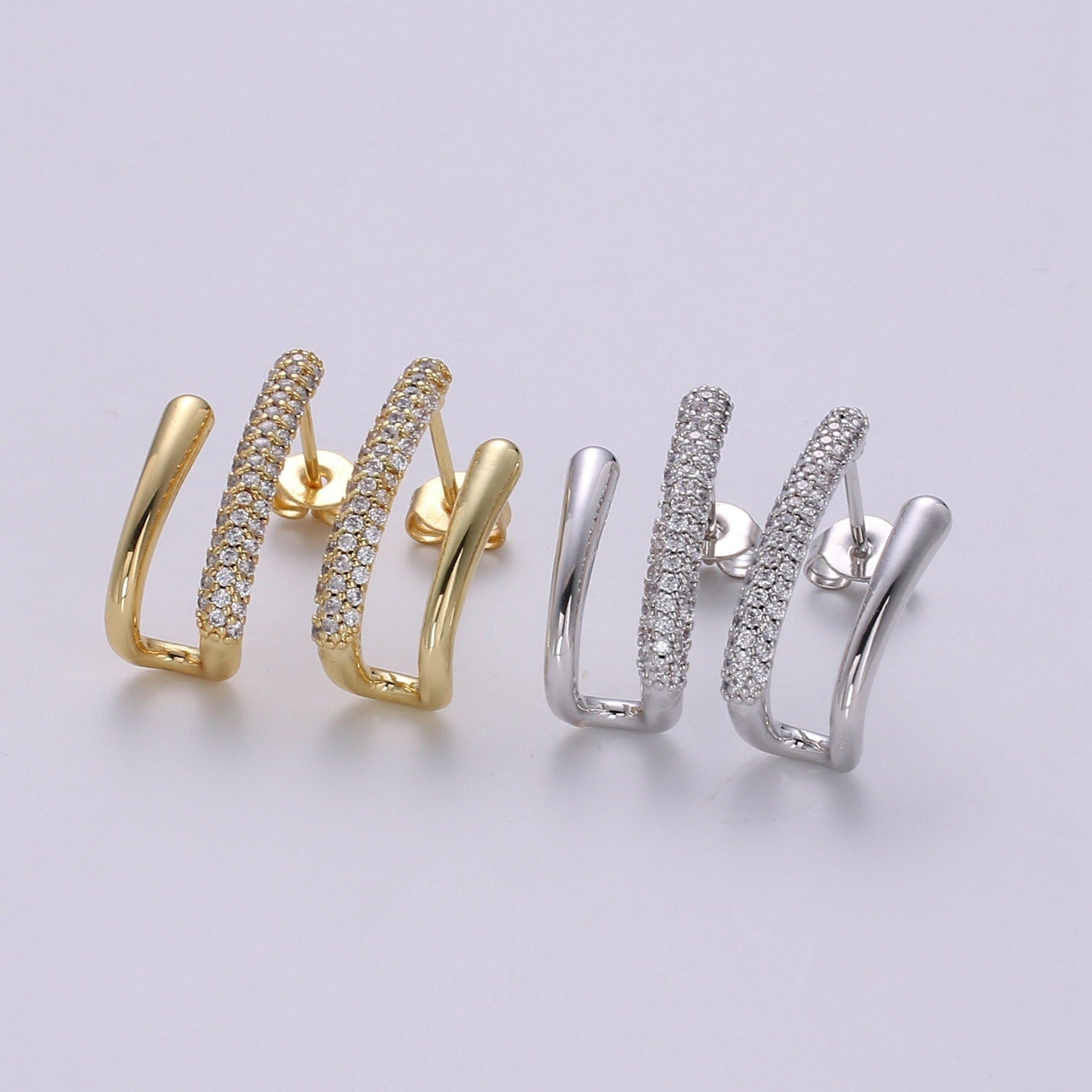 U Shape 24K Gold filled CZ Pave Stud, White Gold filled Micro Pave Earring for DIY Earring Craft Supply Jewelry Making, EARR-1367, 1368
