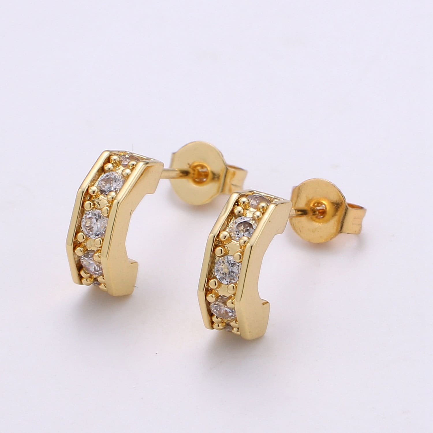 Gold Huggie 24K Gold Plated Pave CZ Stud Earring, Gold Plated Micro Pave Earring for DIY Earring Craft Supply Jewelry Making, EARR-1328