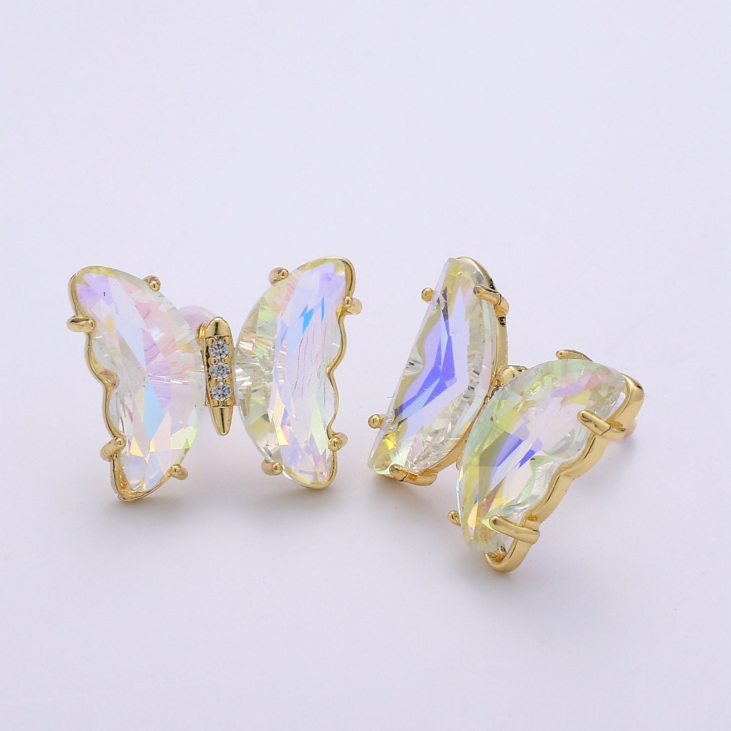 1 Pair 24k Gold Plated Butterfly CZ Stud Earring, Rainbow Clear-Blue-Purple Zirconia Earring, Silicon Backs Earring, EARR-1372, 1373, 1312