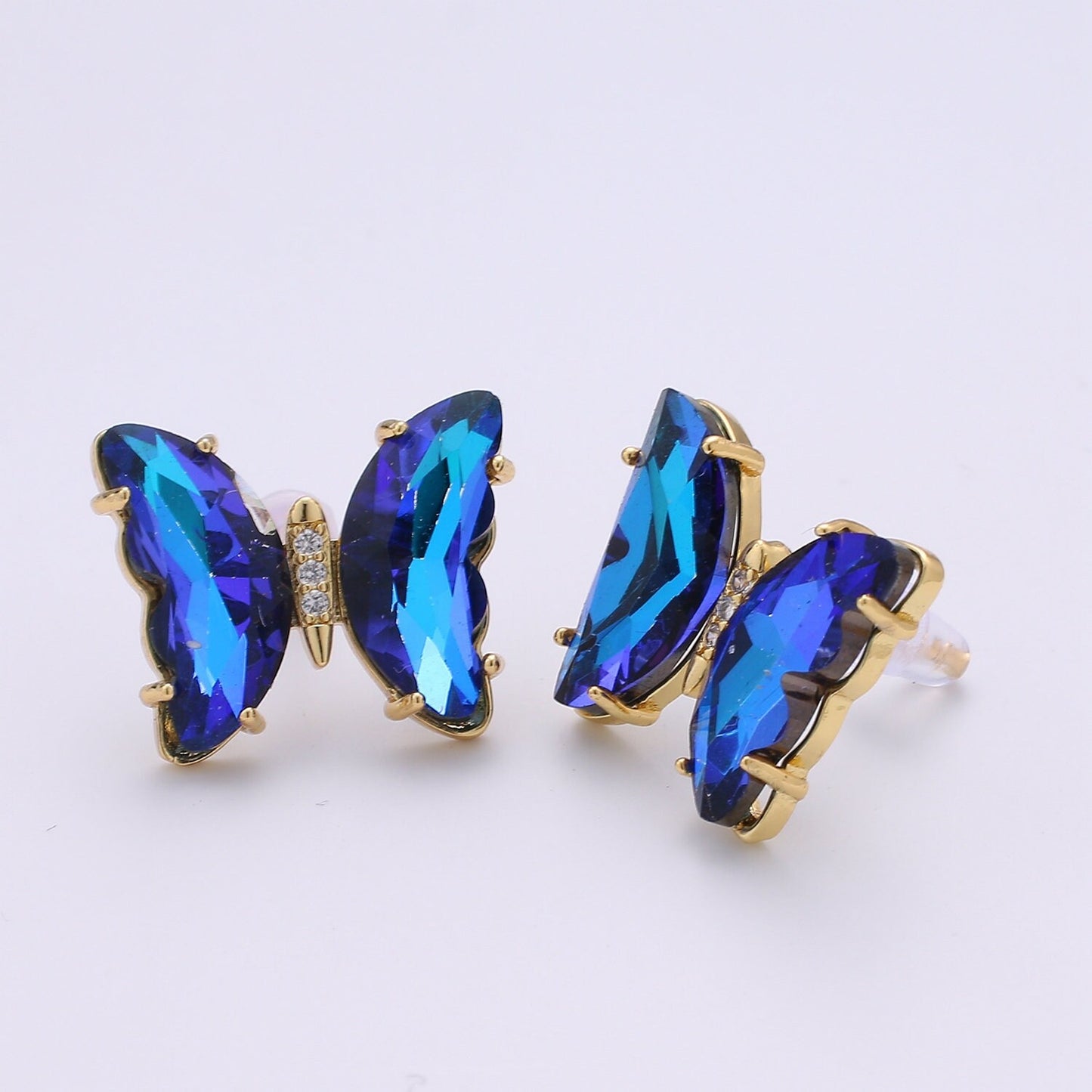 1 Pair 24k Gold Plated Butterfly CZ Stud Earring, Rainbow Clear-Blue-Purple Zirconia Earring, Silicon Backs Earring, EARR-1372, 1373, 1312