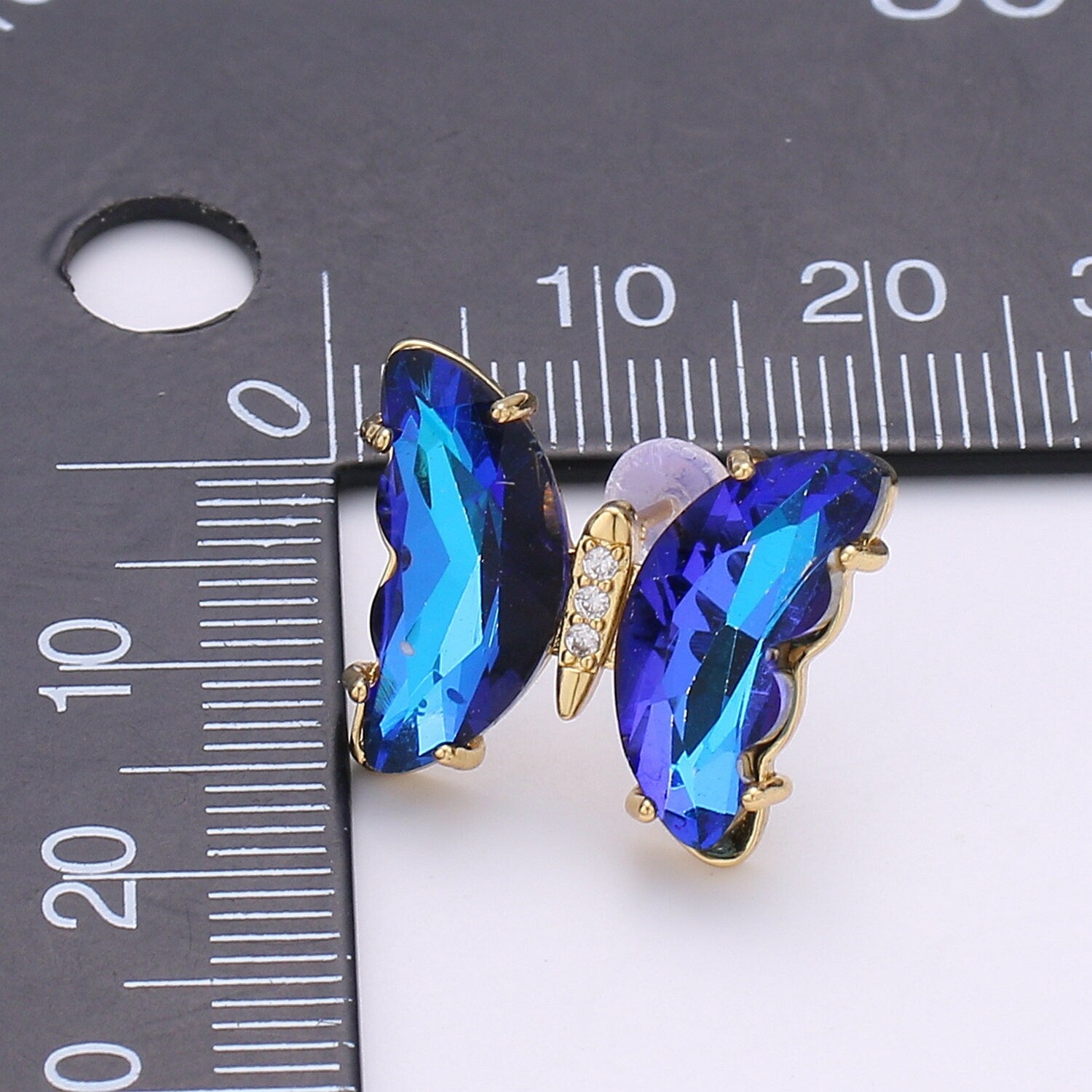 1 Pair 24k Gold Plated Butterfly CZ Stud Earring, Rainbow Clear-Blue-Purple Zirconia Earring, Silicon Backs Earring, EARR-1372, 1373, 1312