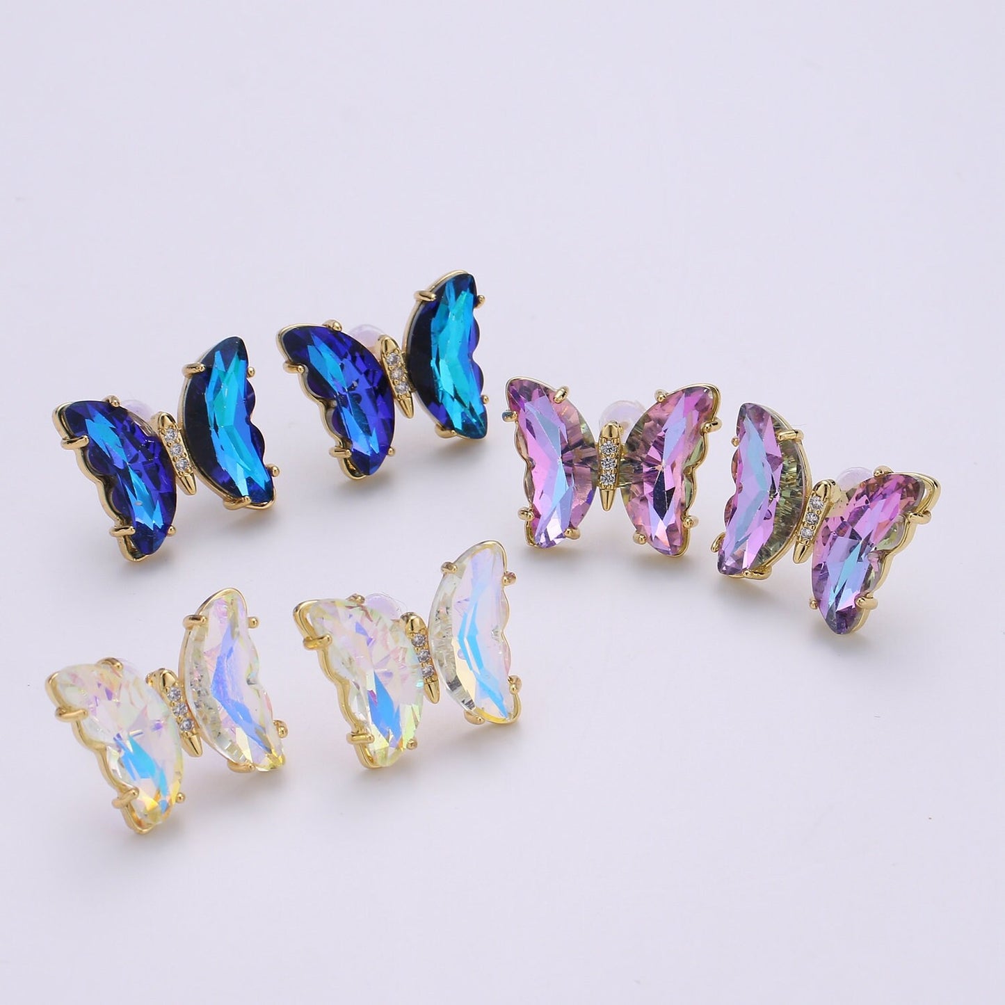 1 Pair 24k Gold Plated Butterfly CZ Stud Earring, Rainbow Clear-Blue-Purple Zirconia Earring, Silicon Backs Earring, EARR-1372, 1373, 1312
