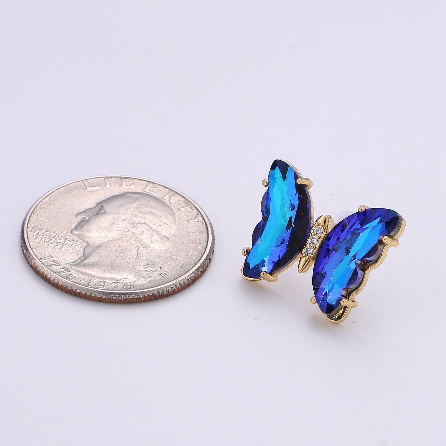 1 Pair 24k Gold Plated Butterfly CZ Stud Earring, Rainbow Clear-Blue-Purple Zirconia Earring, Silicon Backs Earring, EARR-1372, 1373, 1312
