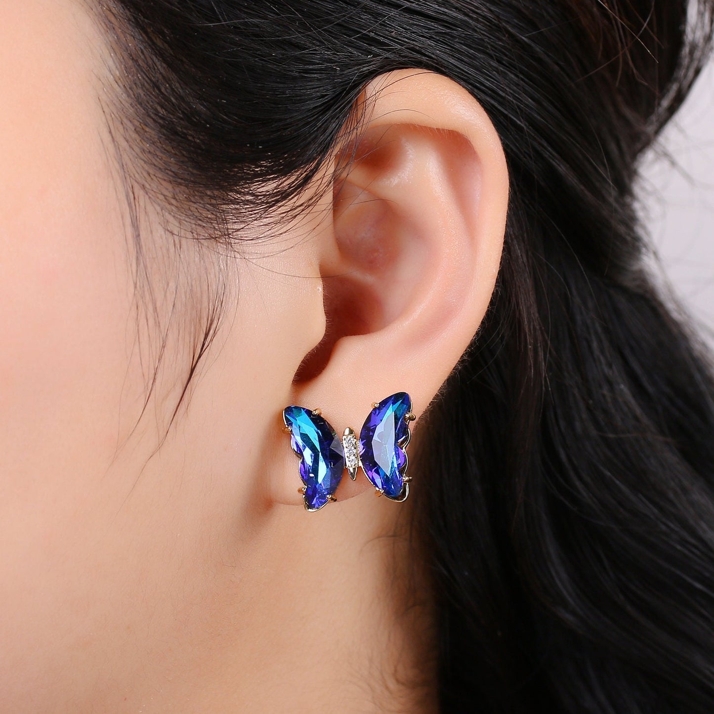 1 Pair 24k Gold Plated Butterfly CZ Stud Earring, Rainbow Clear-Blue-Purple Zirconia Earring, Silicon Backs Earring, EARR-1372, 1373, 1312