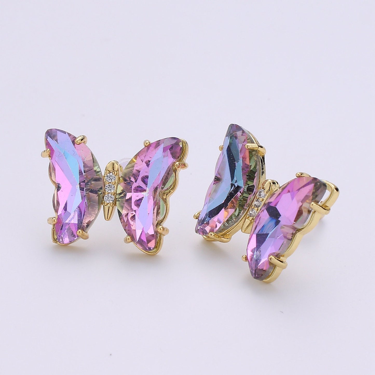 1 Pair 24k Gold Plated Butterfly CZ Stud Earring, Rainbow Clear-Blue-Purple Zirconia Earring, Silicon Backs Earring, EARR-1372, 1373, 1312