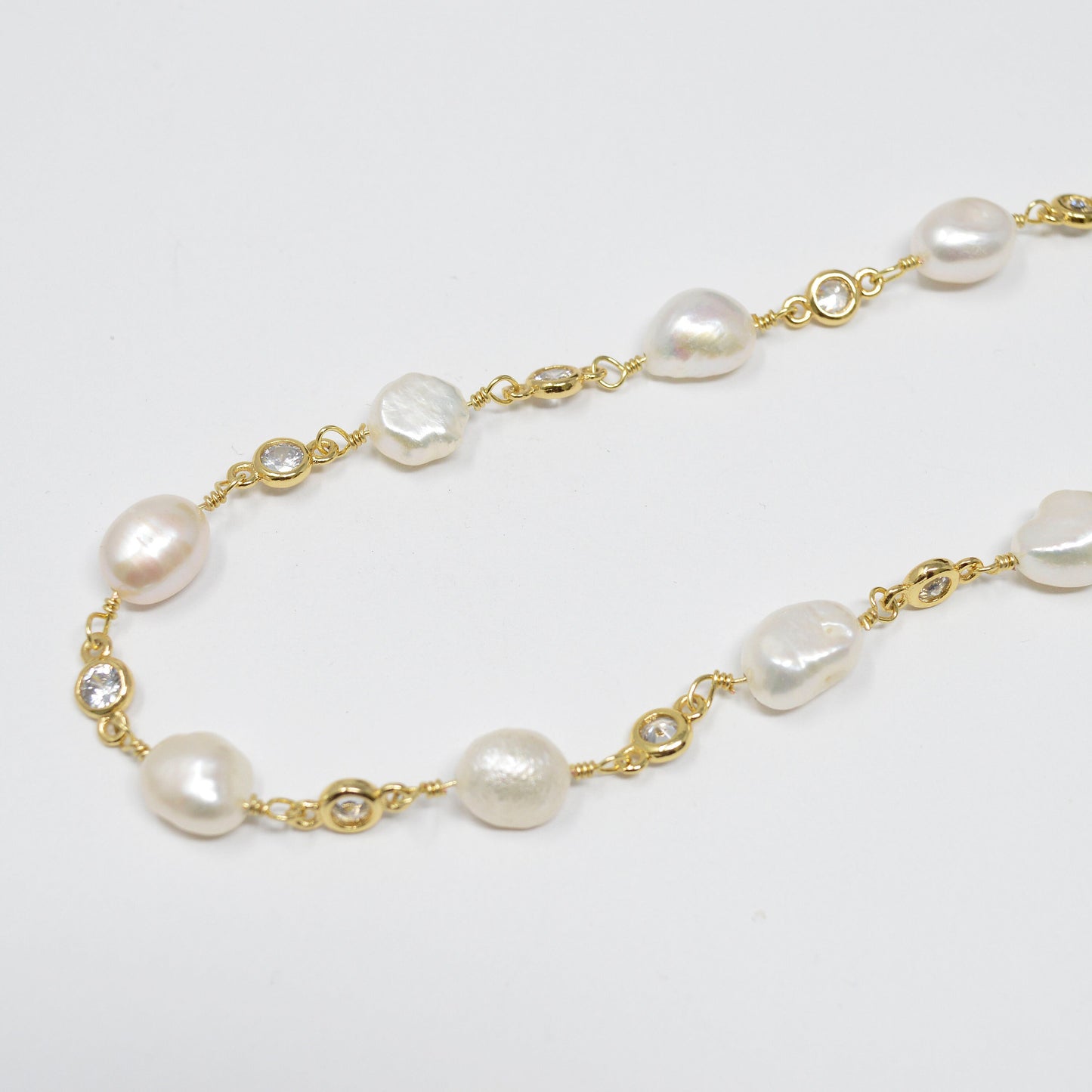Baroque Mother Pearl Gold Plated CZ Charm Chain by Yard, Fresh Water Pearl Cubic Chain, White Fresh Water Pearl Chain | Roll-433