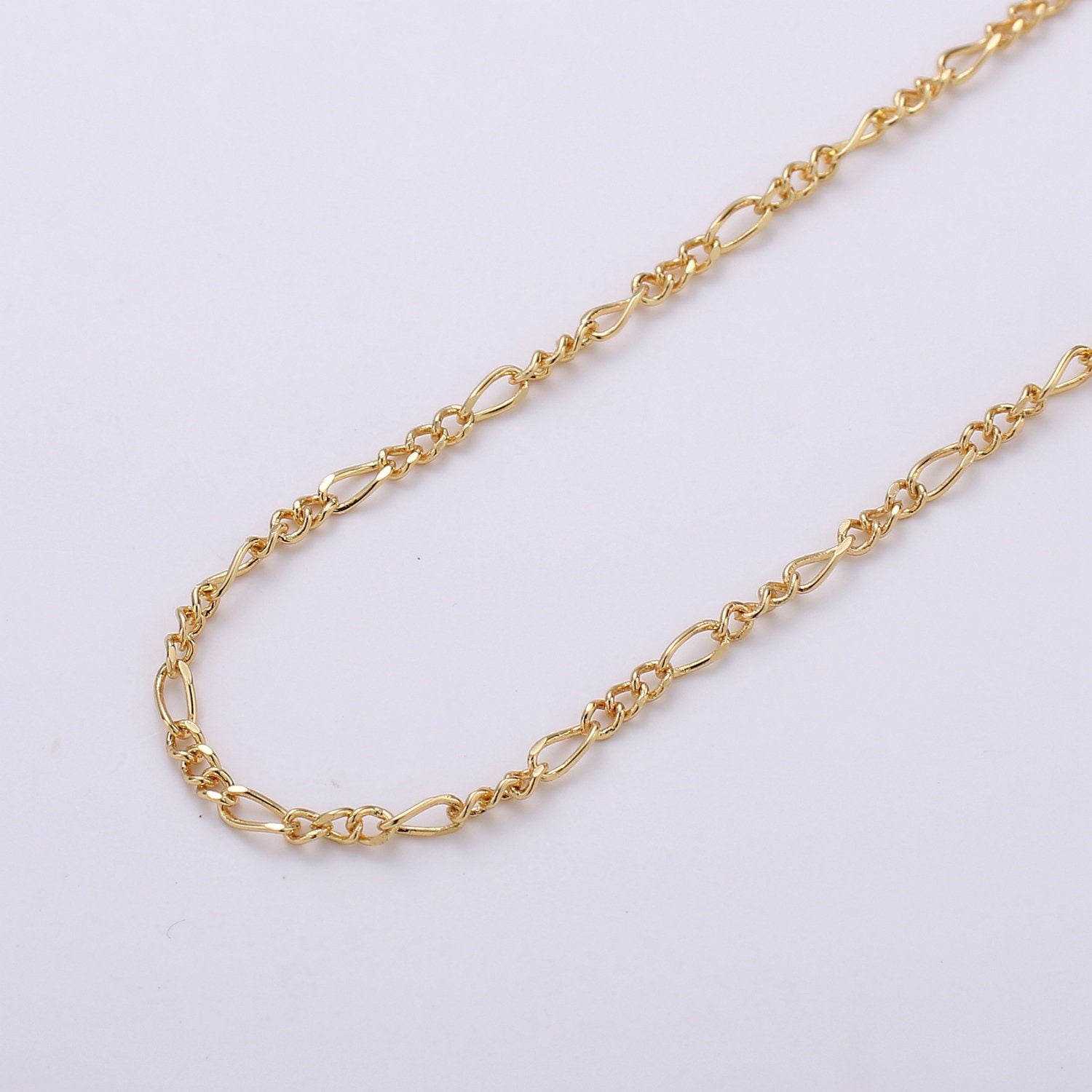 16K Gold Plated Figaro Chain by Yard, Link Cable Link Elongate Chain by Foot, Wholesale bulk Roll Chain Jewelry Making 2.4mm width, Roll-375