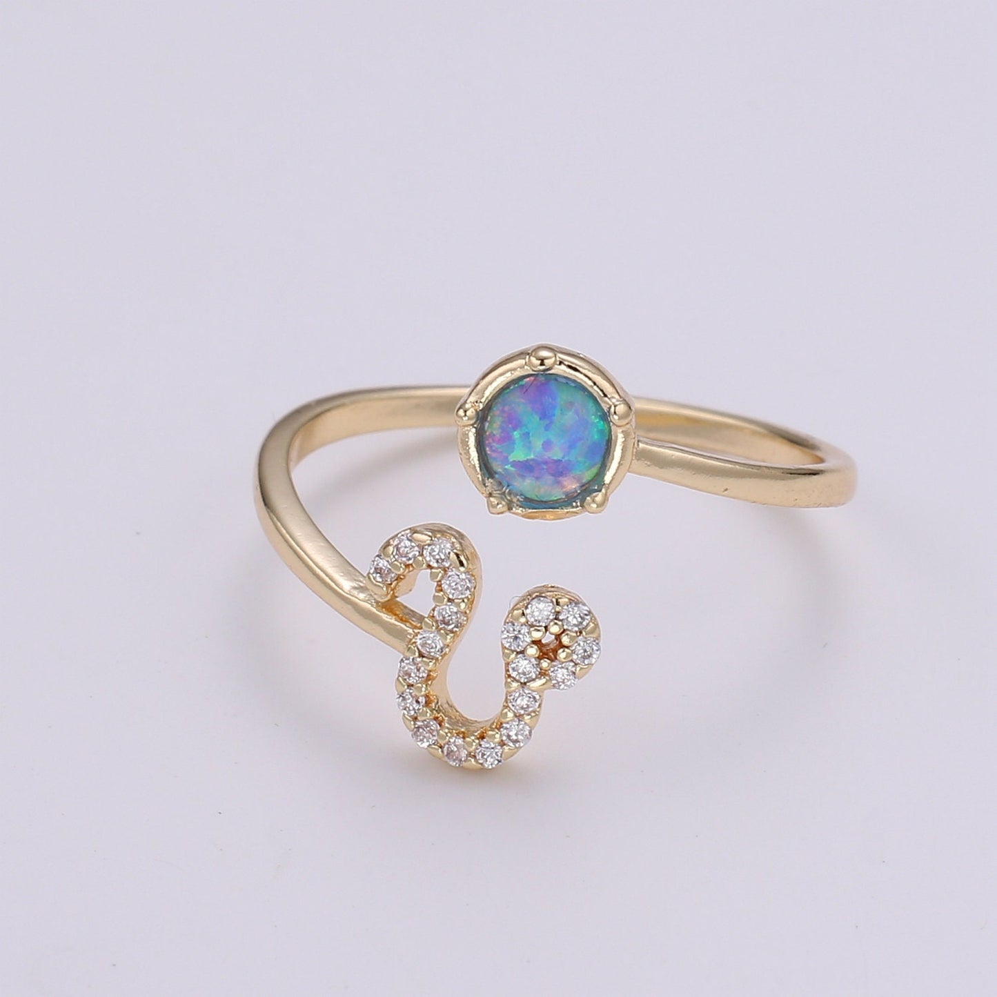 1pc Blue Lab Opal Ring Zodiac Aries, Taurus, Gemini, Cancer, Leo, Virgo 18k Gold Ring, Adjustable CZ Gold Simple Ring, ZODIAC-023