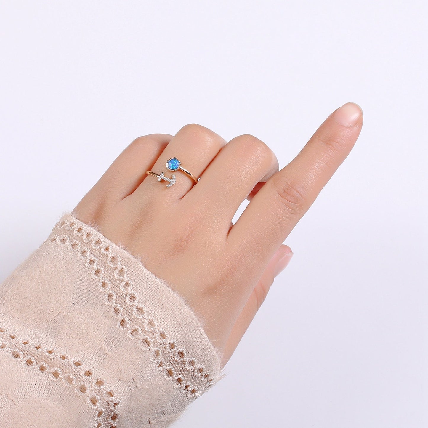 1pc Blue Lab Opal Ring Zodiac Libra, Scorpio,Sagitarius, Capricorn, Aquarius, Pisces 18k Gold Ring, Adjustable CZ Gold Simple Ring 23
