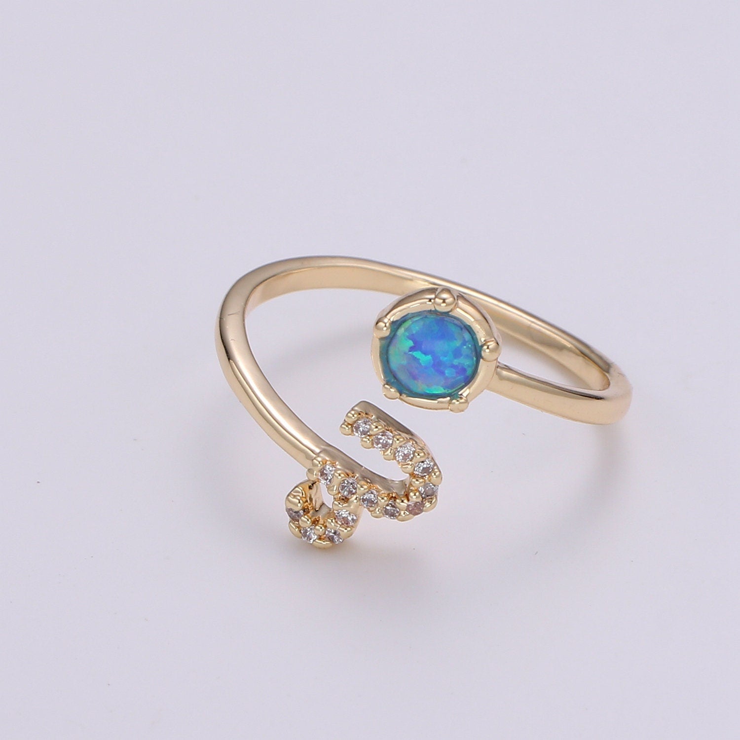 1pc Blue Lab Opal Ring Zodiac Libra, Scorpio,Sagitarius, Capricorn, Aquarius, Pisces 18k Gold Ring, Adjustable CZ Gold Simple Ring 23