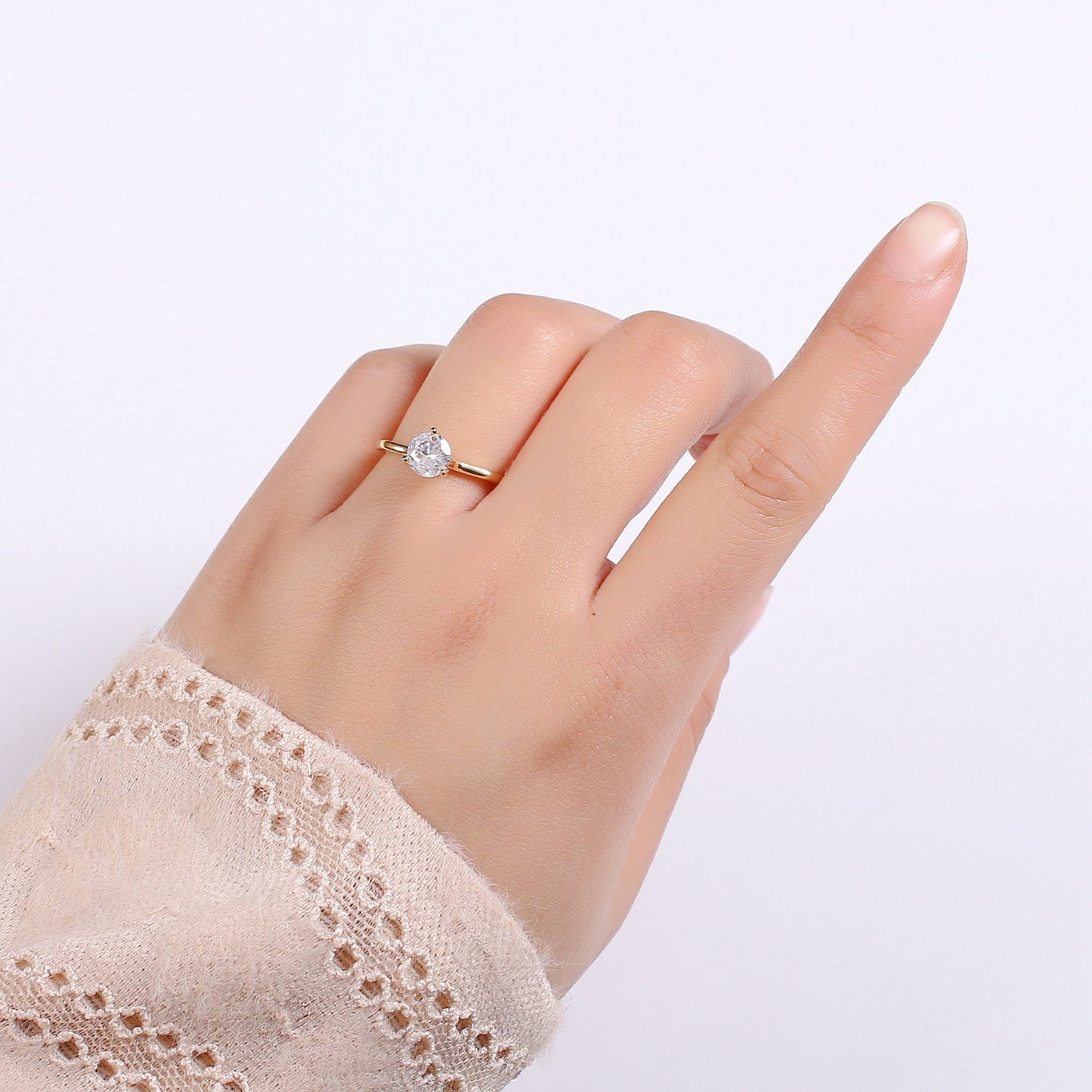 1pc Solitaire CZ 18k Gold Ring, Adjustable Gold Curb Ring, Simple Promise Ring,Clear Cubic Zirconia Ring- 273