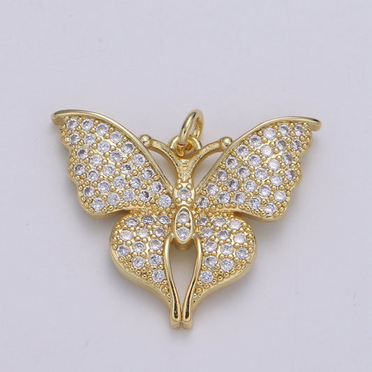24K Gold Micro Pave Butterfly Charm Cubic Zirconia Mariposa Pendant Charm CZ Diamond Cut Moth Charm, CHGF-2080