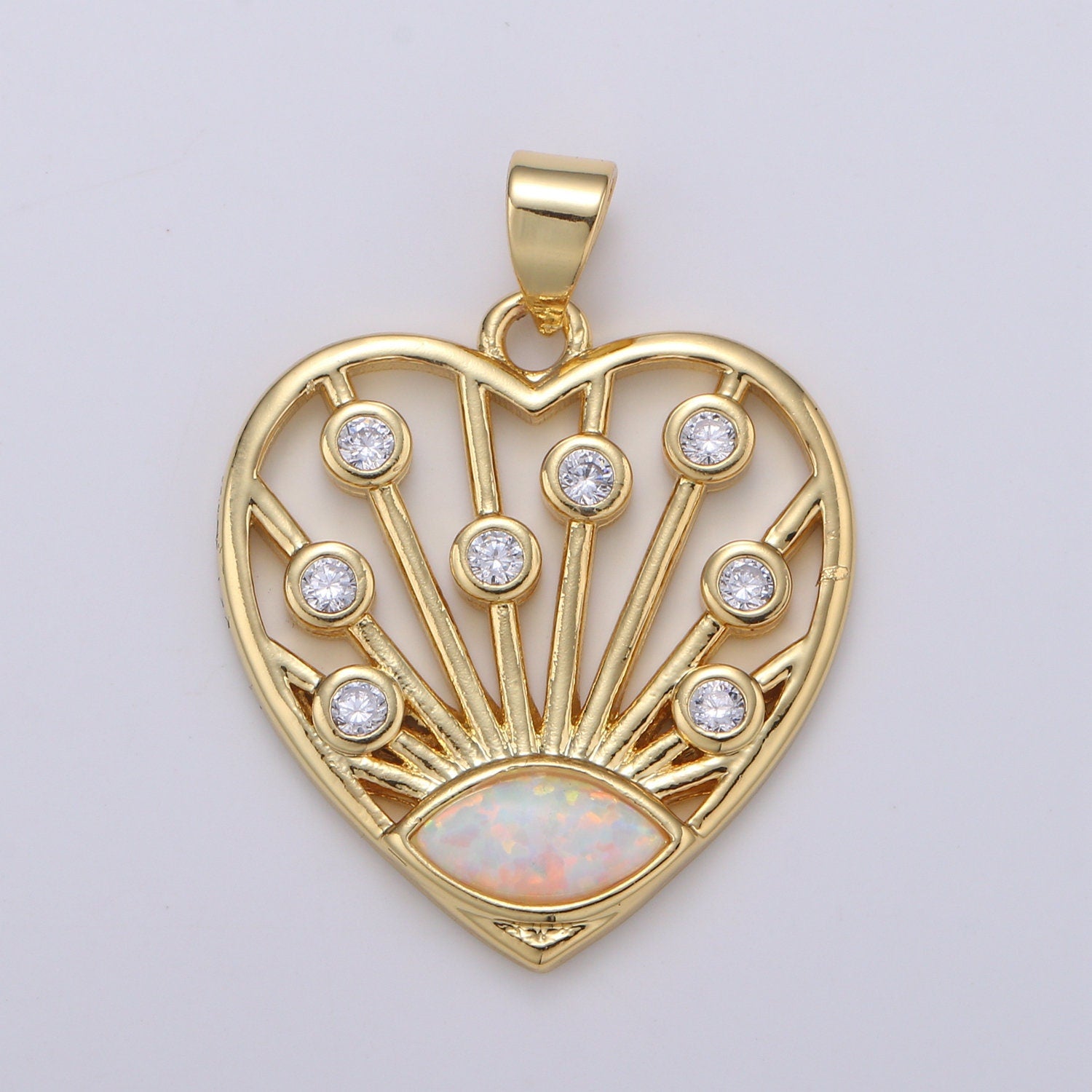 1pc 24K Gold Lab Opal CZ Heart Pendant Charm, Sunrise Hearts CZ Charm, Joyful Heart Medallion, PDGF-2115