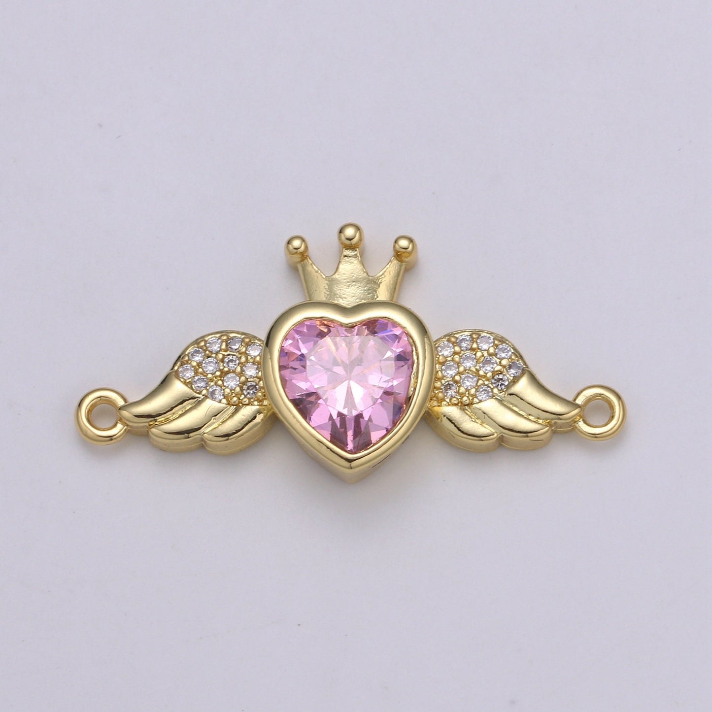 1pc Heart Solitaire CZ 24K Gold Connector, Angel Adjustable Gold Connector, Wings, Red & Pink Cubic Zirconia Connector- COGF-631, 632