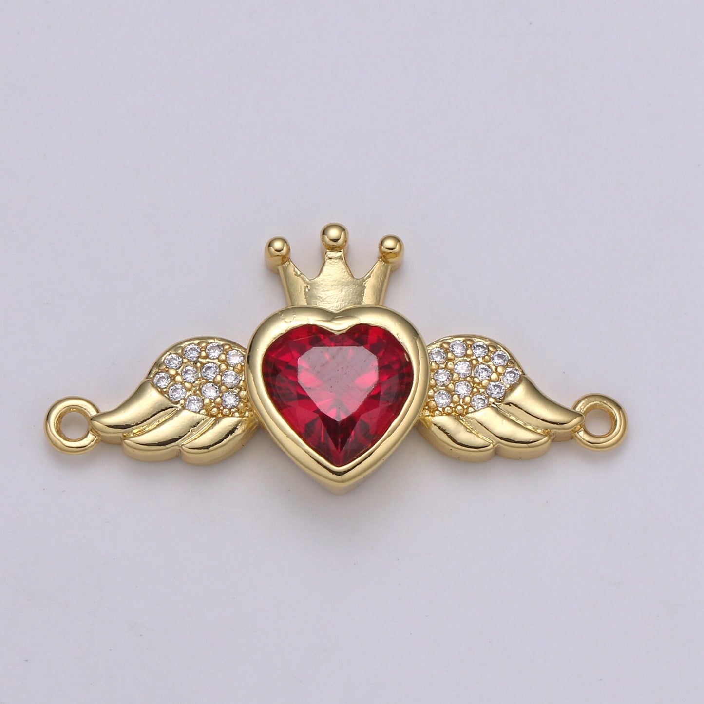 1pc Heart Solitaire CZ 24K Gold Connector, Angel Adjustable Gold Connector, Wings, Red & Pink Cubic Zirconia Connector- COGF-631, 632