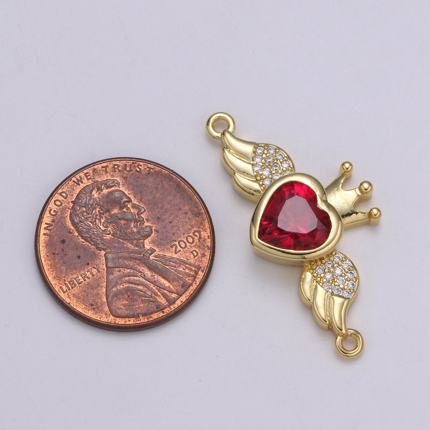1pc Heart Solitaire CZ 24K Gold Connector, Angel Adjustable Gold Connector, Wings, Red & Pink Cubic Zirconia Connector- COGF-631, 632