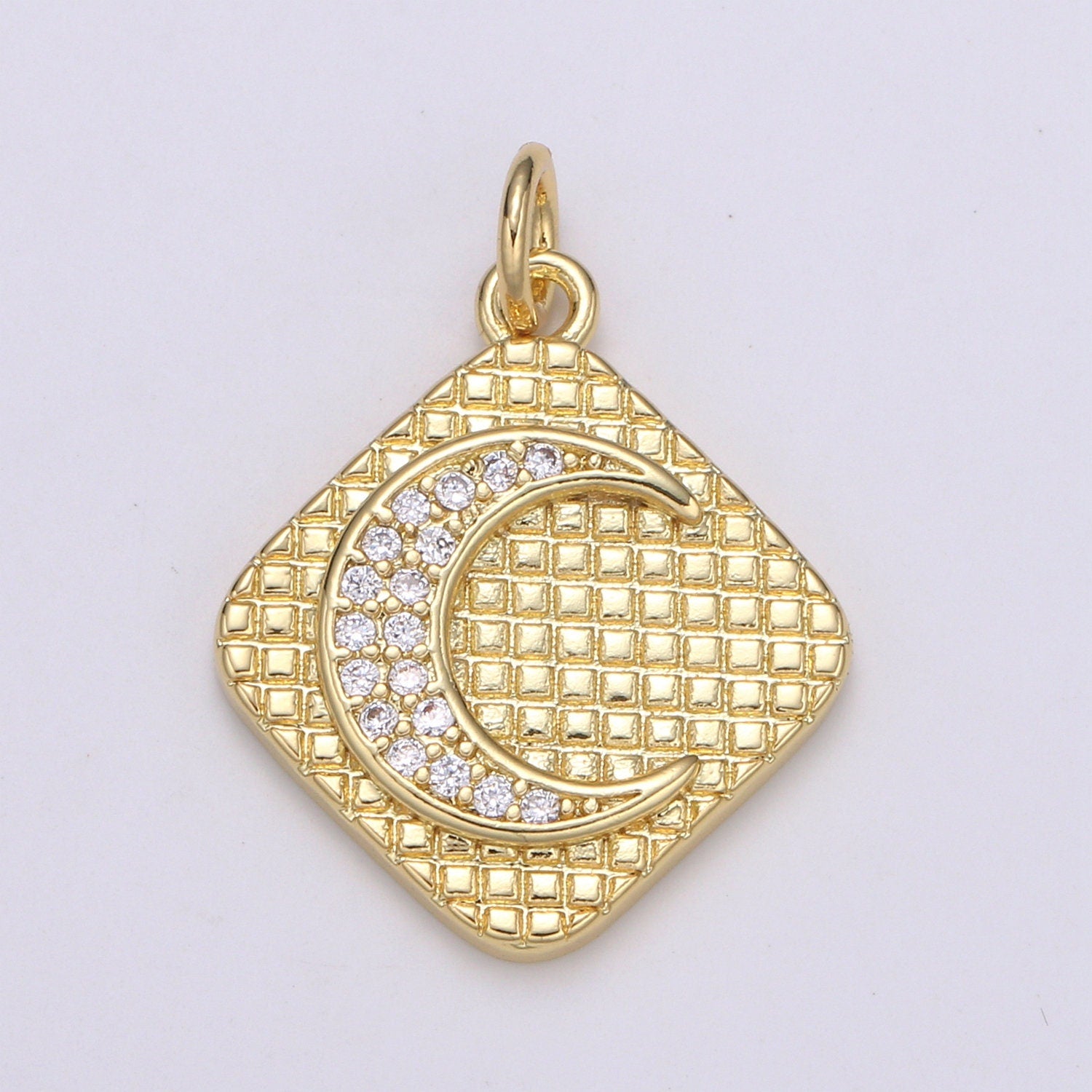 24K Gold Micro Pave Crescent Moon Charm Cubic Zirconia C initial Pendant Charm Square Plate CZ simple Charm, CHGF-2114