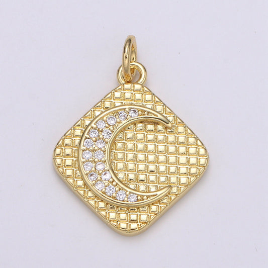 24K Gold Micro Pave Crescent Moon Charm Cubic Zirconia C initial Pendant Charm Square Plate CZ simple Charm, CHGF-2114
