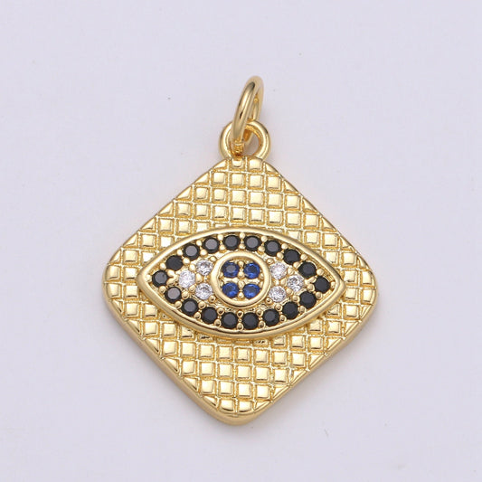24K Gold Micro Pave Evil Eye Charm, Multi color Cubic Zirconia Pendant Charm Square Plate CZ simple Charm, CHGF-2112