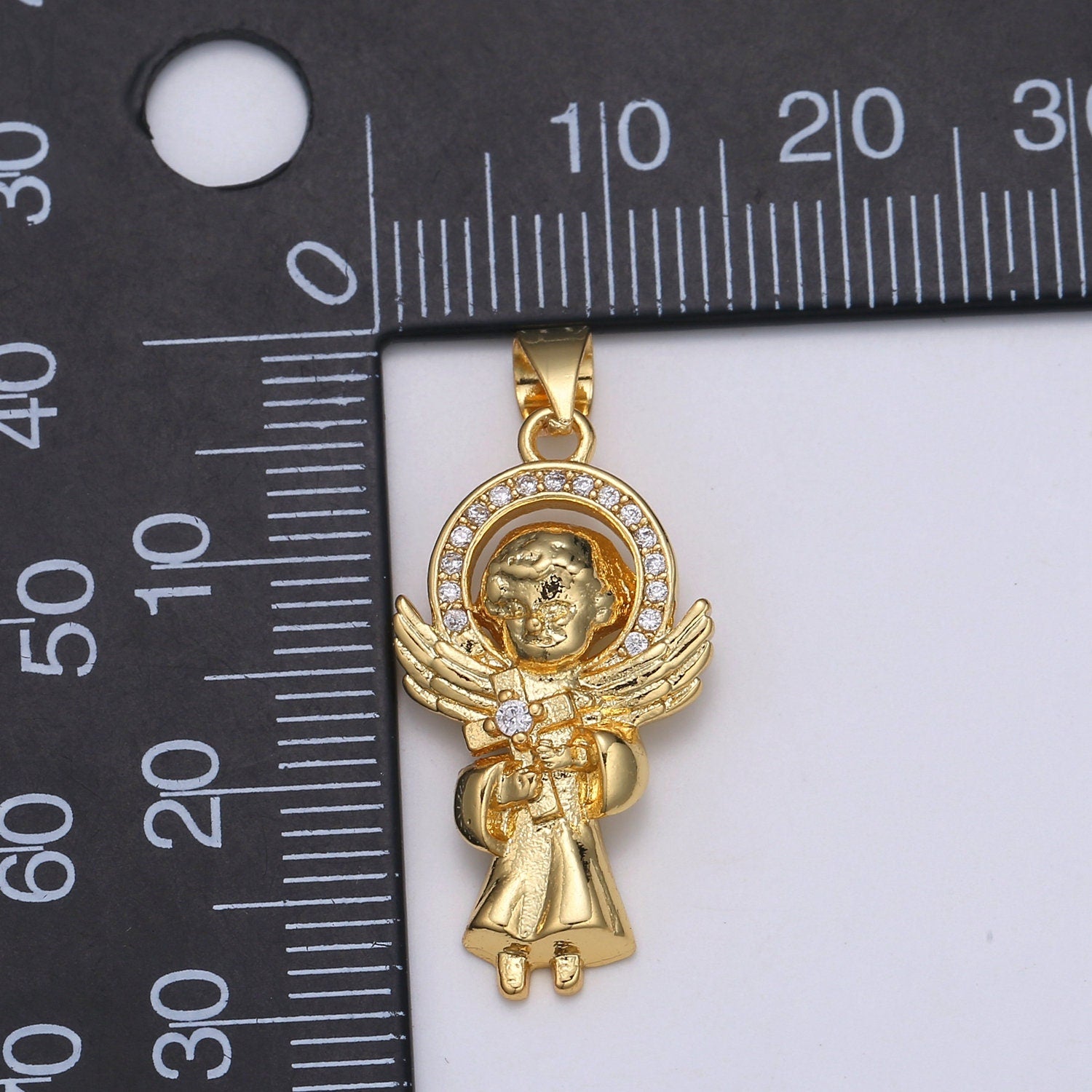 14K Gold Angel Charm for Necklace Pendant Micro Pave Little Boy With Cross for Catholic First communion, Baptism, Easter Gift Idea