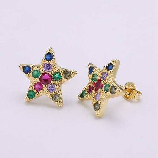 Star Design 24K Gold Plated Pave Cz Stud Earring,Match with charm CHGF-2050 for DIY Bracelet Craft Supply Jewelry Making, EARR-1383