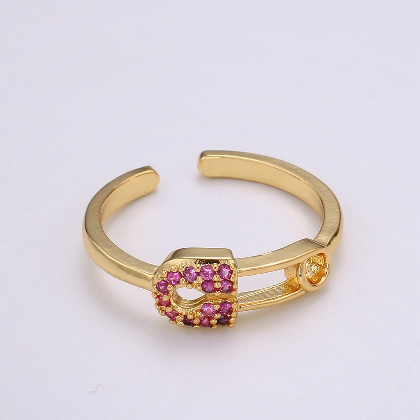 1pc Red Ruby CZ Pin 24k Gold Ring, Safety Pin Cubic Adjustable Gold Curb Ring, Simple Ring, Red Cubic Zirconia Ring- 312