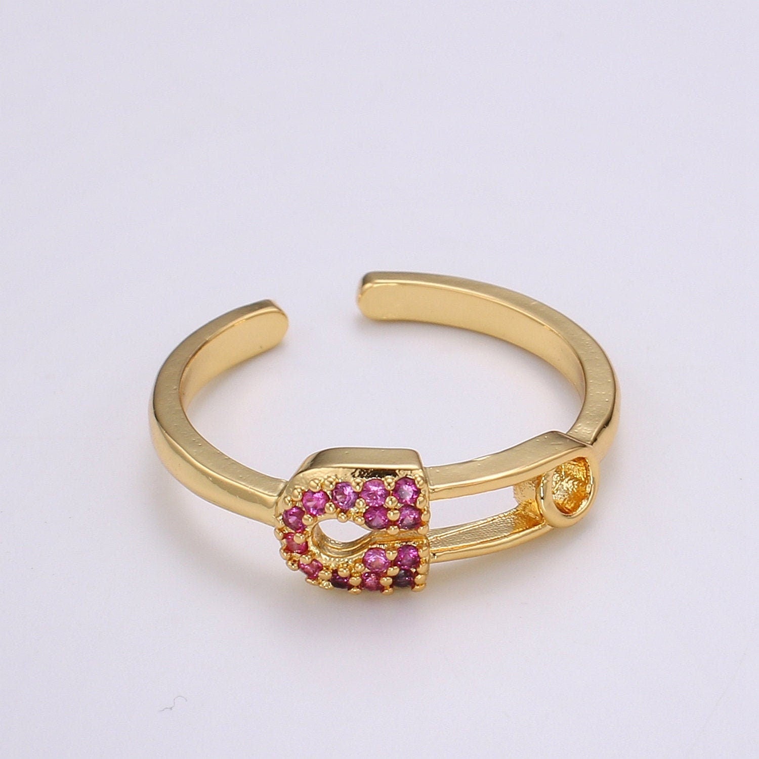 1pc Red Ruby CZ Pin 24k Gold Ring, Safety Pin Cubic Adjustable Gold Curb Ring, Simple Ring, Red Cubic Zirconia Ring- 312