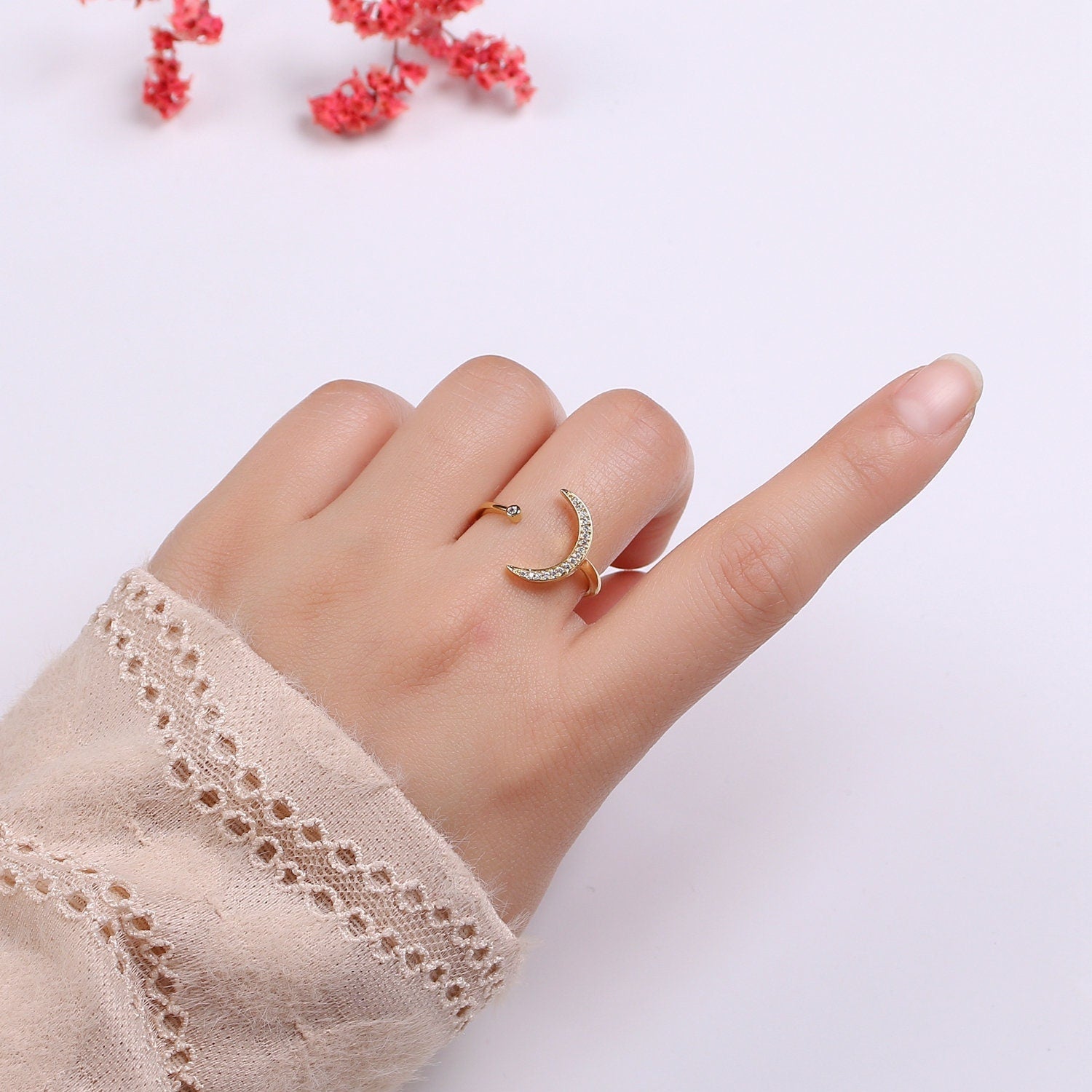 1pc Cresent Moon Star CZ Gold Ring, Moon Cubic Pave Adjustable Gold Curb Ring, Simple Ring,Clear Cubic Zirconia Ring- 315