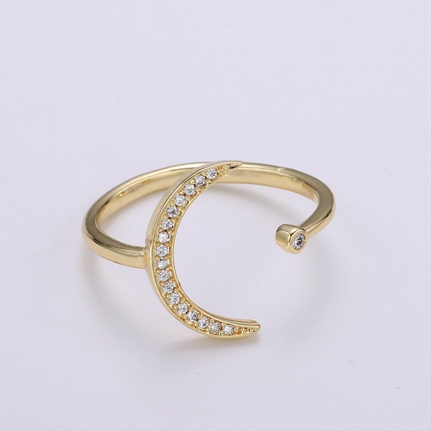 1pc Cresent Moon Star CZ Gold Ring, Moon Cubic Pave Adjustable Gold Curb Ring, Simple Ring,Clear Cubic Zirconia Ring- 315