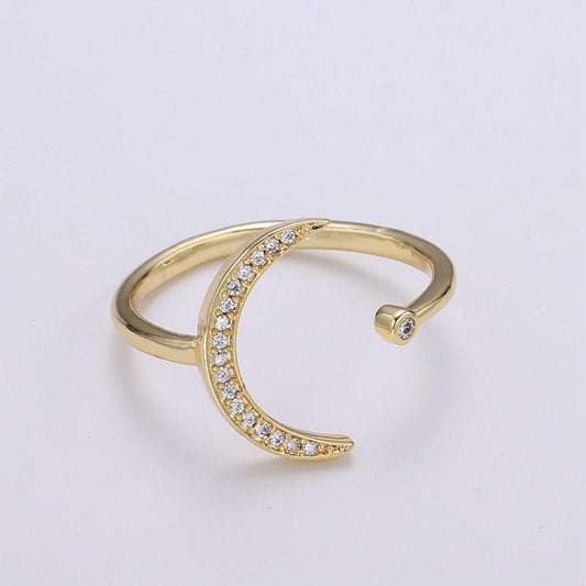 1pc Cresent Moon Star CZ Gold Ring, Moon Cubic Pave Adjustable Gold Curb Ring, Simple Ring,Clear Cubic Zirconia Ring- 315
