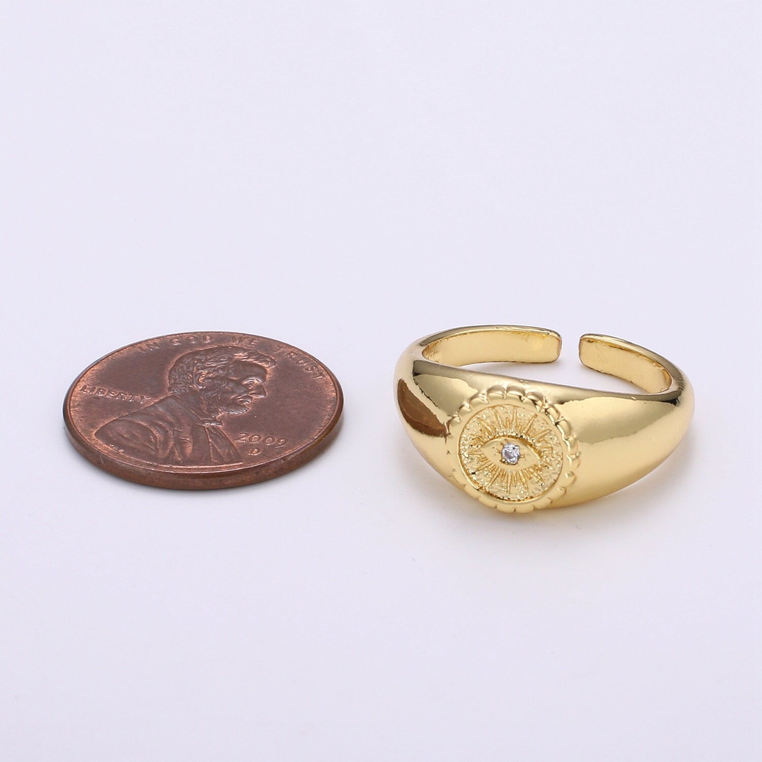 Gold Evil Eye Ring, Sun Burst Evil Eye Charm, Solitaire Clear Cubic Charms, CZ Gold Evil Eye Charm, Sun Burst Jewelry Supply RING-322