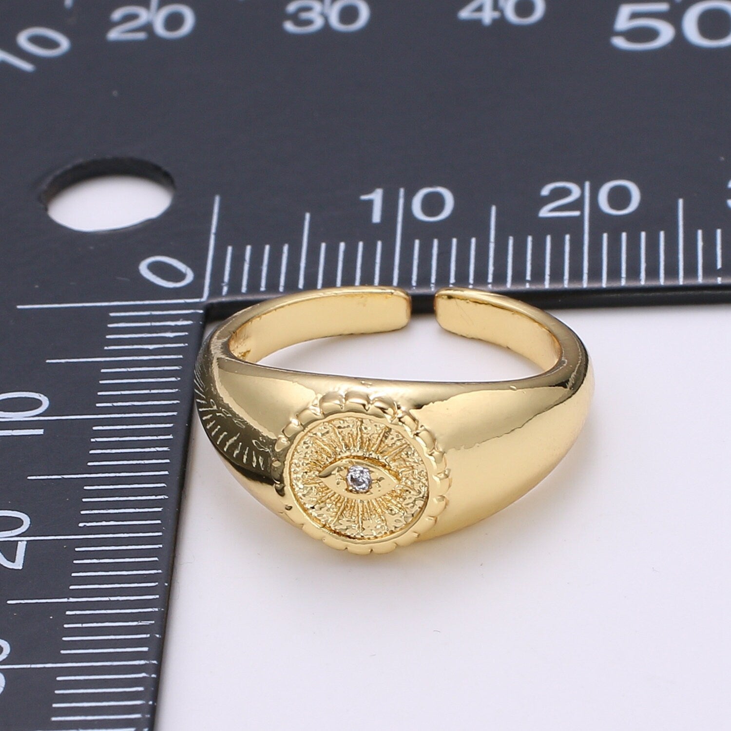 Gold Evil Eye Ring, Sun Burst Evil Eye Charm, Solitaire Clear Cubic Charms, CZ Gold Evil Eye Charm, Sun Burst Jewelry Supply RING-322
