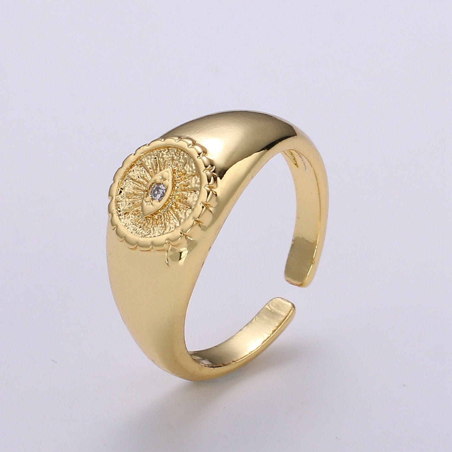 Gold Evil Eye Ring, Sun Burst Evil Eye Charm, Solitaire Clear Cubic Charms, CZ Gold Evil Eye Charm, Sun Burst Jewelry Supply RING-322