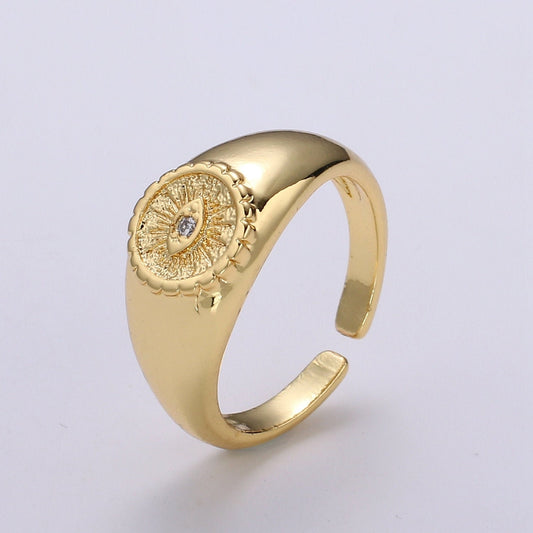Gold Evil Eye Ring, Sun Burst Evil Eye Charm, Solitaire Clear Cubic Charms, CZ Gold Evil Eye Charm, Sun Burst Jewelry Supply RING-322